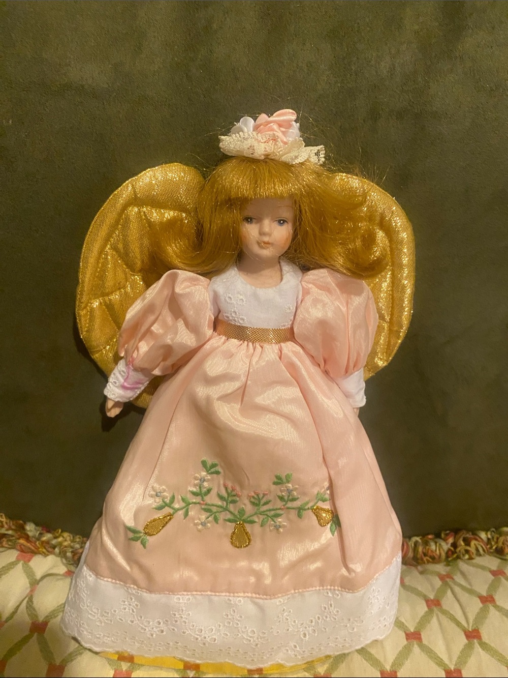Porcelain Angel Doll in Pink Dress with Gold Wings